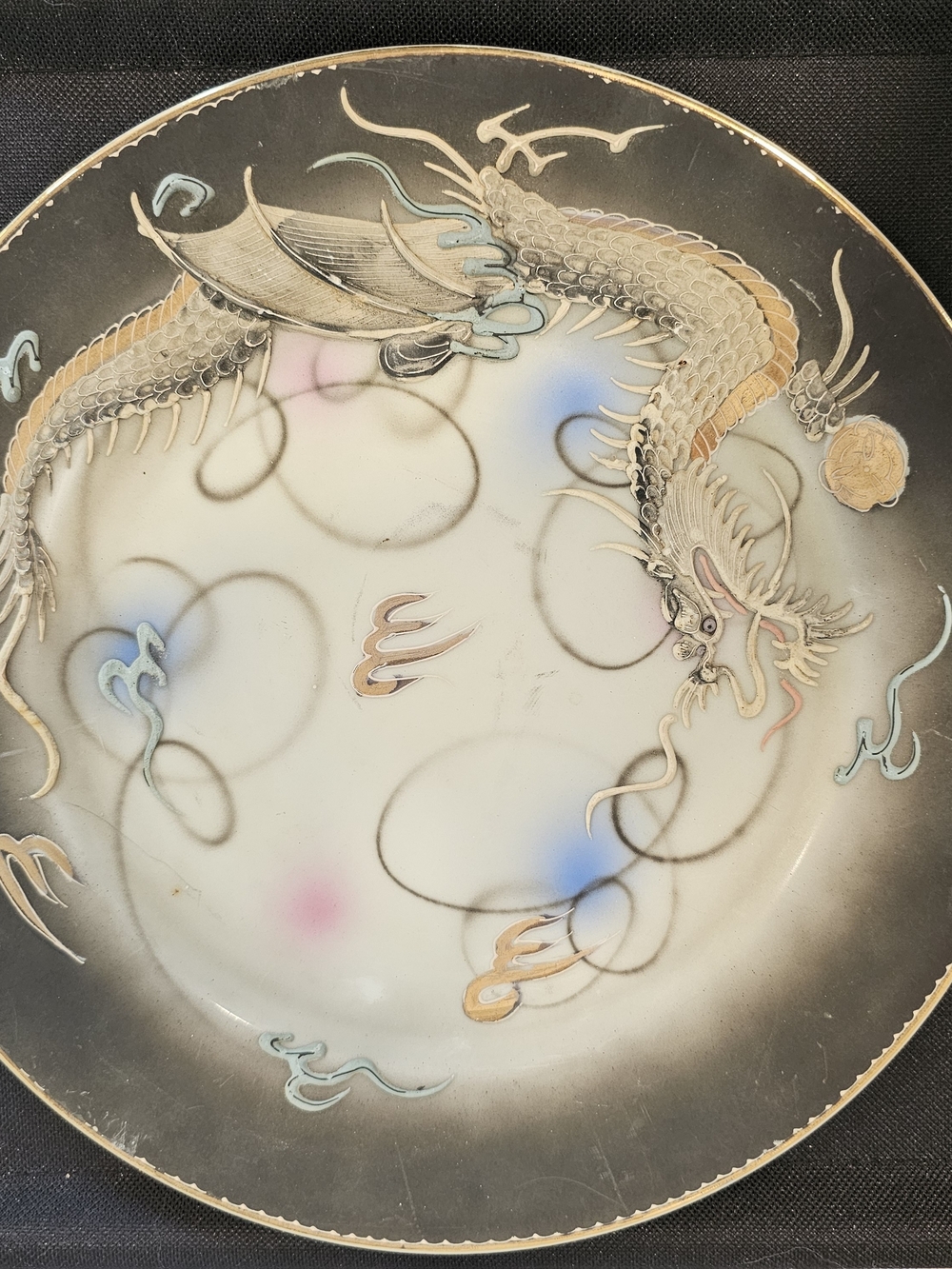 Vintage Porcelain Dragon Dinner Plate in Black and Multicolor